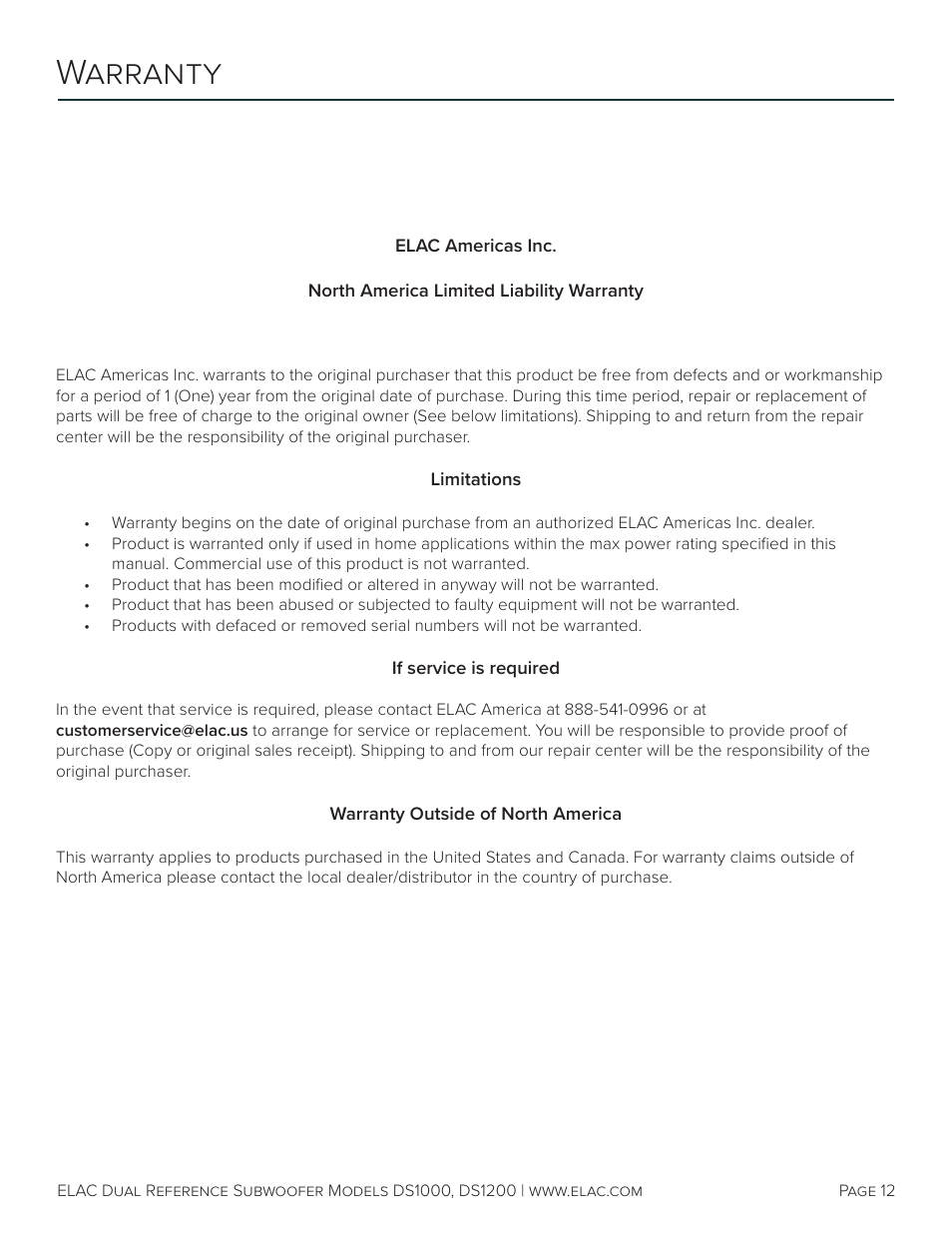 Warranty | Elac Varro Dual Reference DS1000 10" 2000W Subwoofer (Gloss Black) User Manual | Page 13 / 28