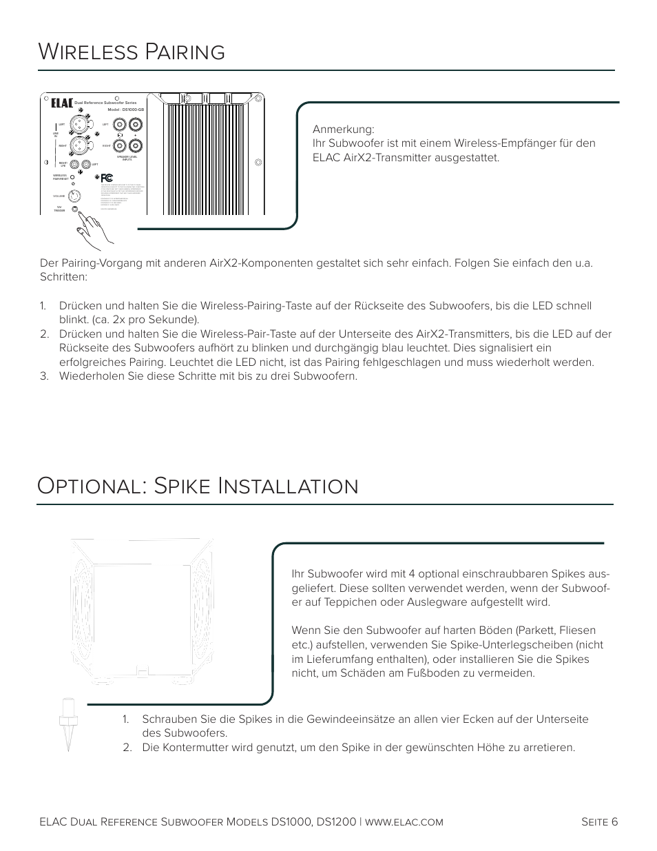 Wireless pairing, Optional: spike installation, Seite 6 | Elac Varro Dual Reference DS1000 10" 2000W Subwoofer (Gloss Black) User Manual | Page 19 / 28