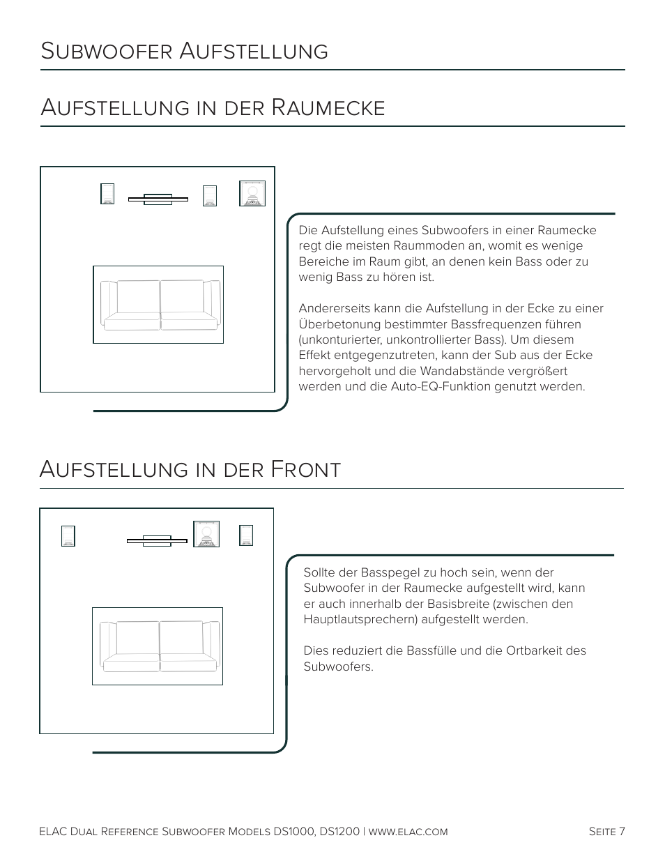Aufstellung in der raumecke subwoofer aufstellung, Aufstellung in der front | Elac Varro Dual Reference DS1000 10" 2000W Subwoofer (Gloss Black) User Manual | Page 20 / 28