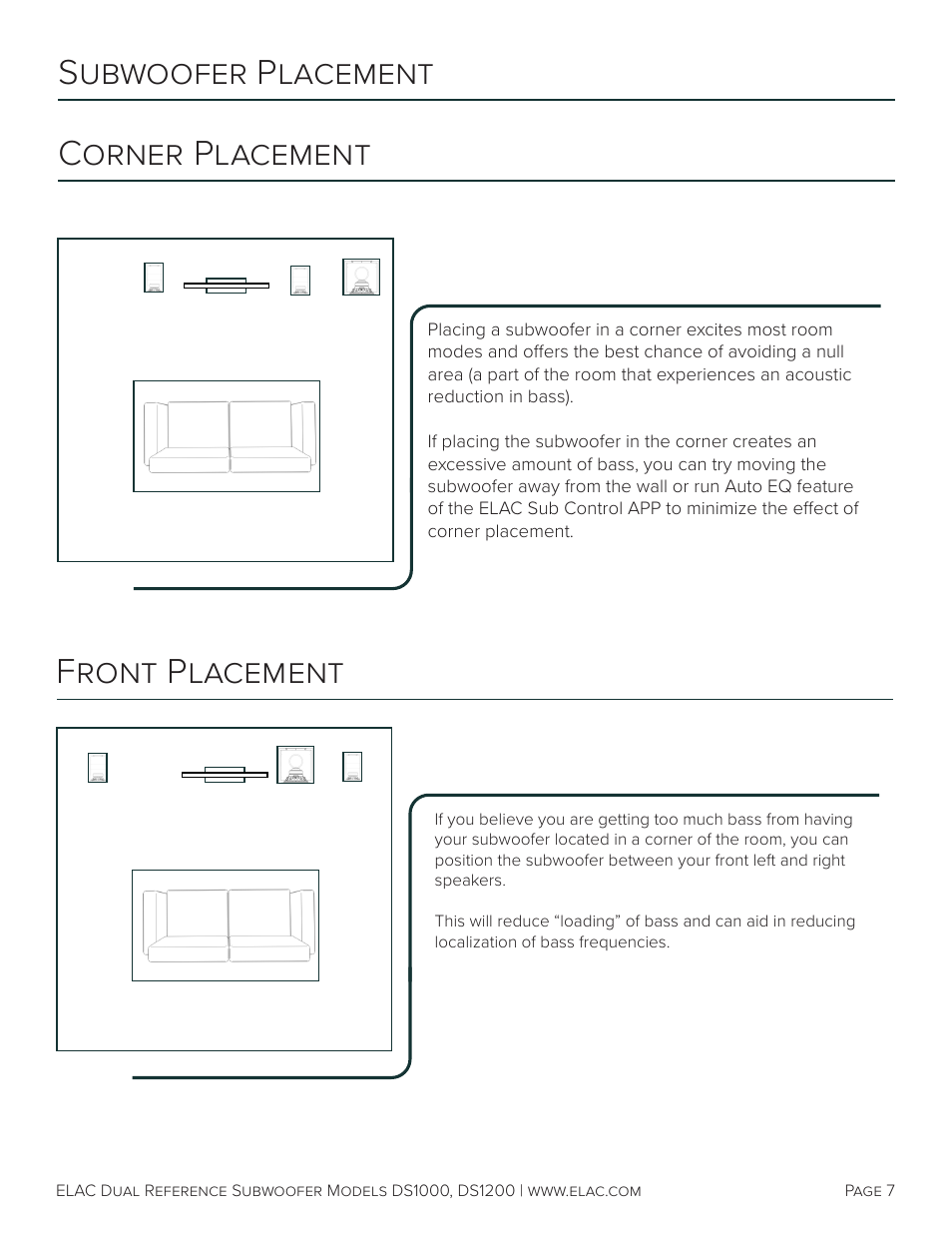 Corner placement subwoofer placement, Front placement | Elac Varro Dual Reference DS1000 10" 2000W Subwoofer (Gloss Black) User Manual | Page 8 / 28