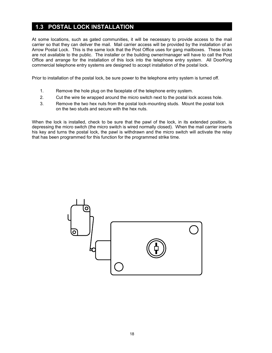 Section 2 – wiring, 3 postal lock installation | DoorKing 1817 User Manual | Page 18 / 67