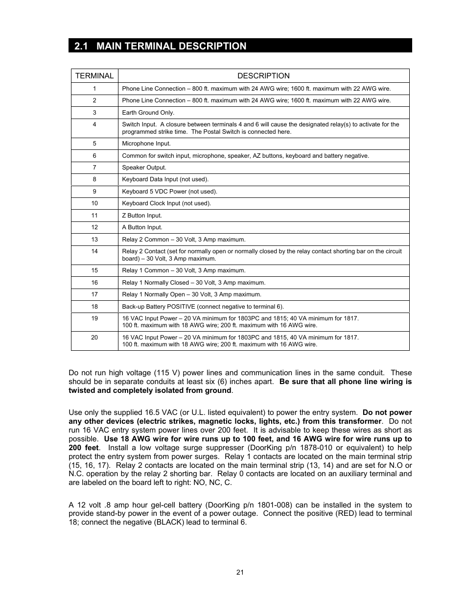 1 main terminal description | DoorKing 1817 User Manual | Page 21 / 67