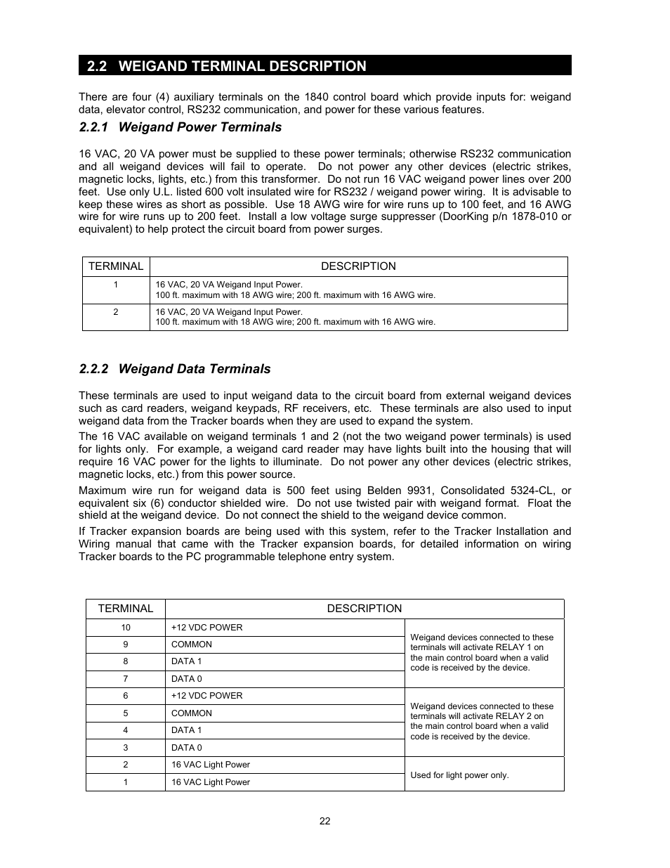 1weigand power terminals, 2weigand data terminals, 2 weigand terminal description | 1 weigand power terminals, 2 weigand data terminals | DoorKing 1817 User Manual | Page 22 / 67