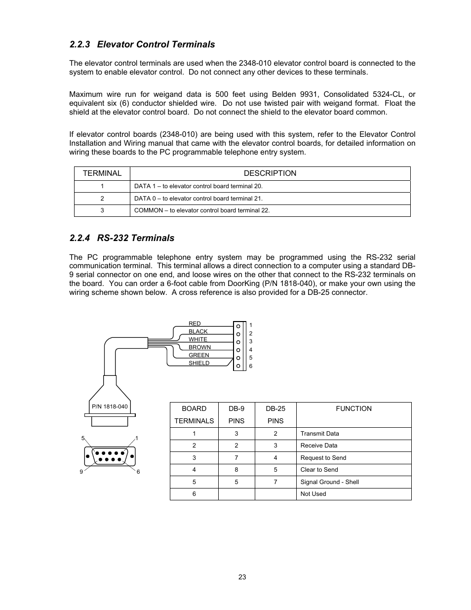 3elevator control terminals, 4rs-232 terminals, 3 elevator control terminals | 4 rs-232 terminals | DoorKing 1817 User Manual | Page 23 / 67
