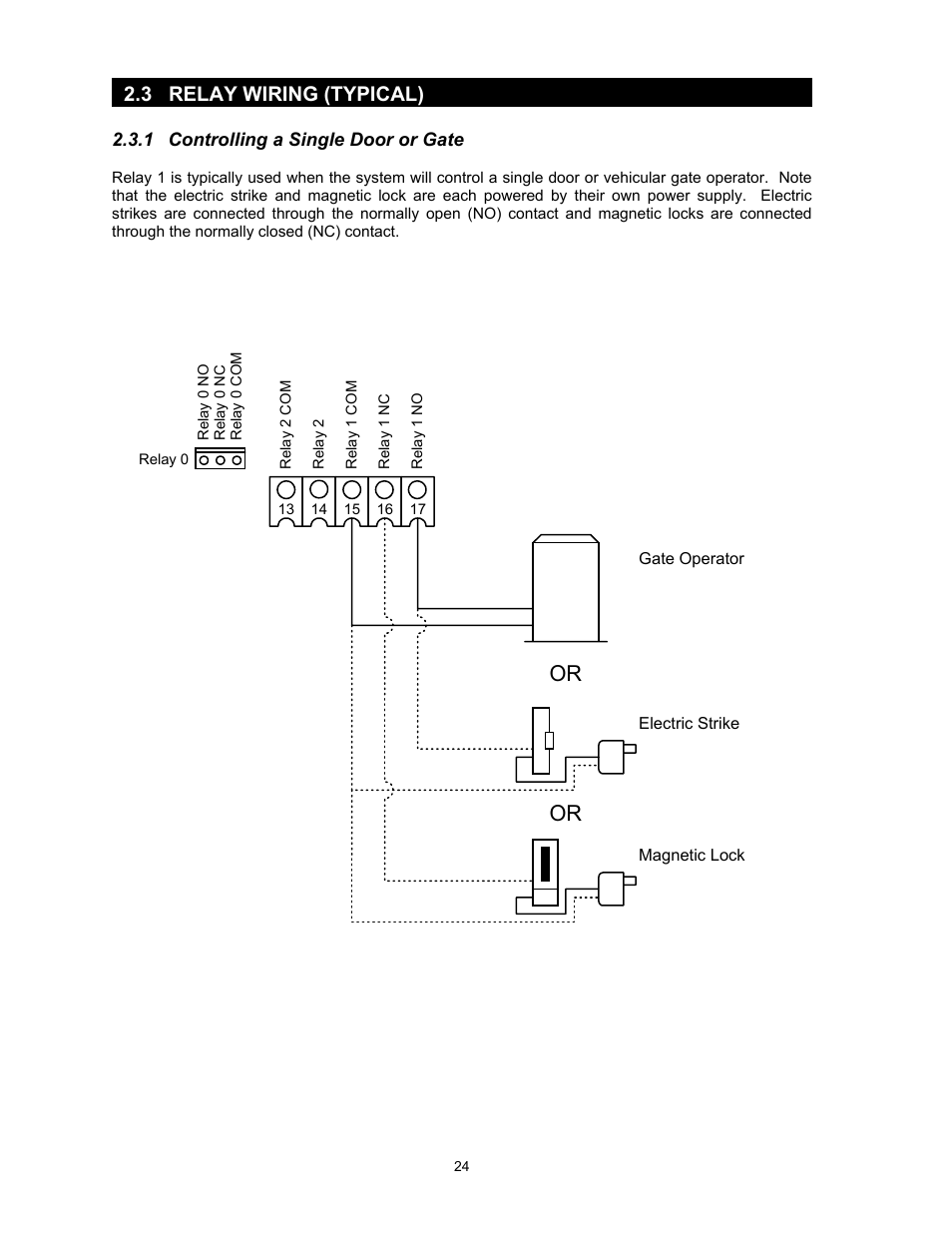 Controlling a single door or gate, 3 relay wiring (typical) | DoorKing 1817 User Manual | Page 24 / 67