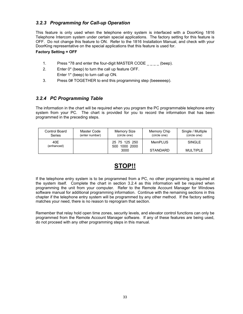 3programming for call-up operation, 4pc programming table, Stop | 3 programming for call-up operation, 4 pc programming table | DoorKing 1817 User Manual | Page 33 / 67