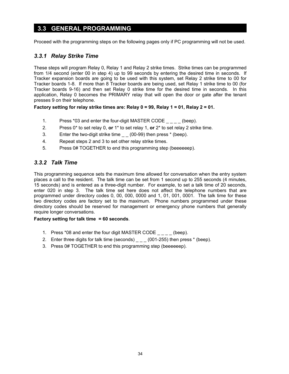 1relay strike time, 2talk time, 3 general programming | DoorKing 1817 User Manual | Page 34 / 67