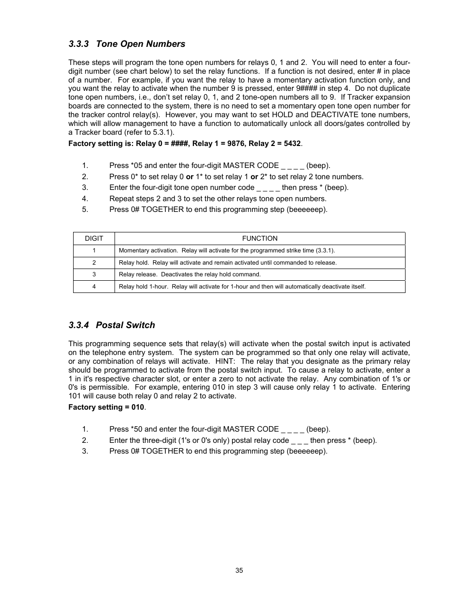 3tone open numbers, 4postal switch, 3 tone open numbers | 4 postal switch | DoorKing 1817 User Manual | Page 35 / 67