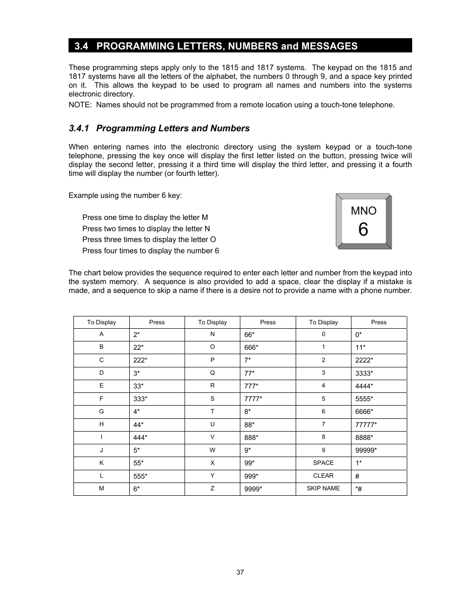 1programming letters and numbers, 2programming the user message – 1815 systems, 4 programming letters, numbers and messages | 1 programming letters and numbers | DoorKing 1817 User Manual | Page 37 / 67