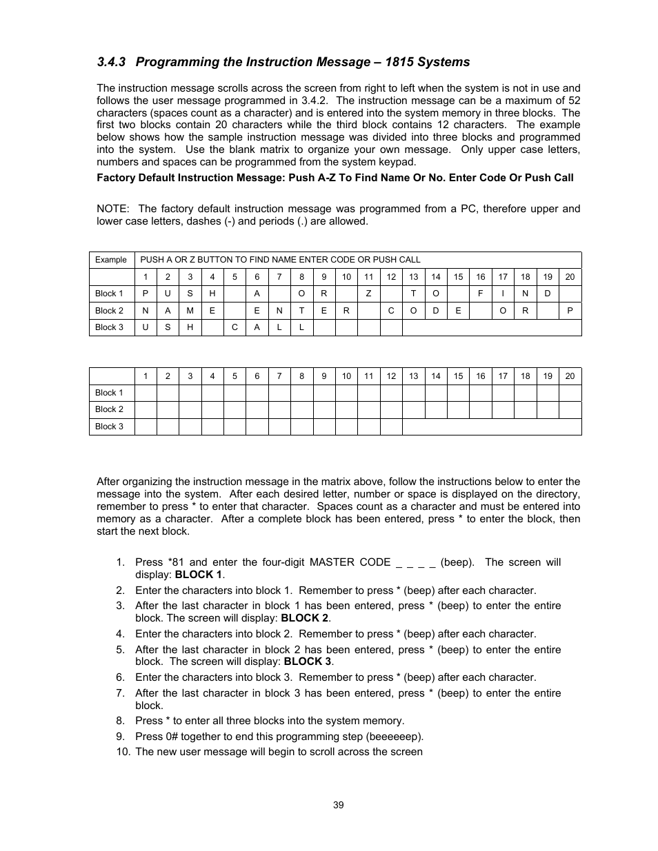 3programming the instruction message – 1815 s | DoorKing 1817 User Manual | Page 39 / 67