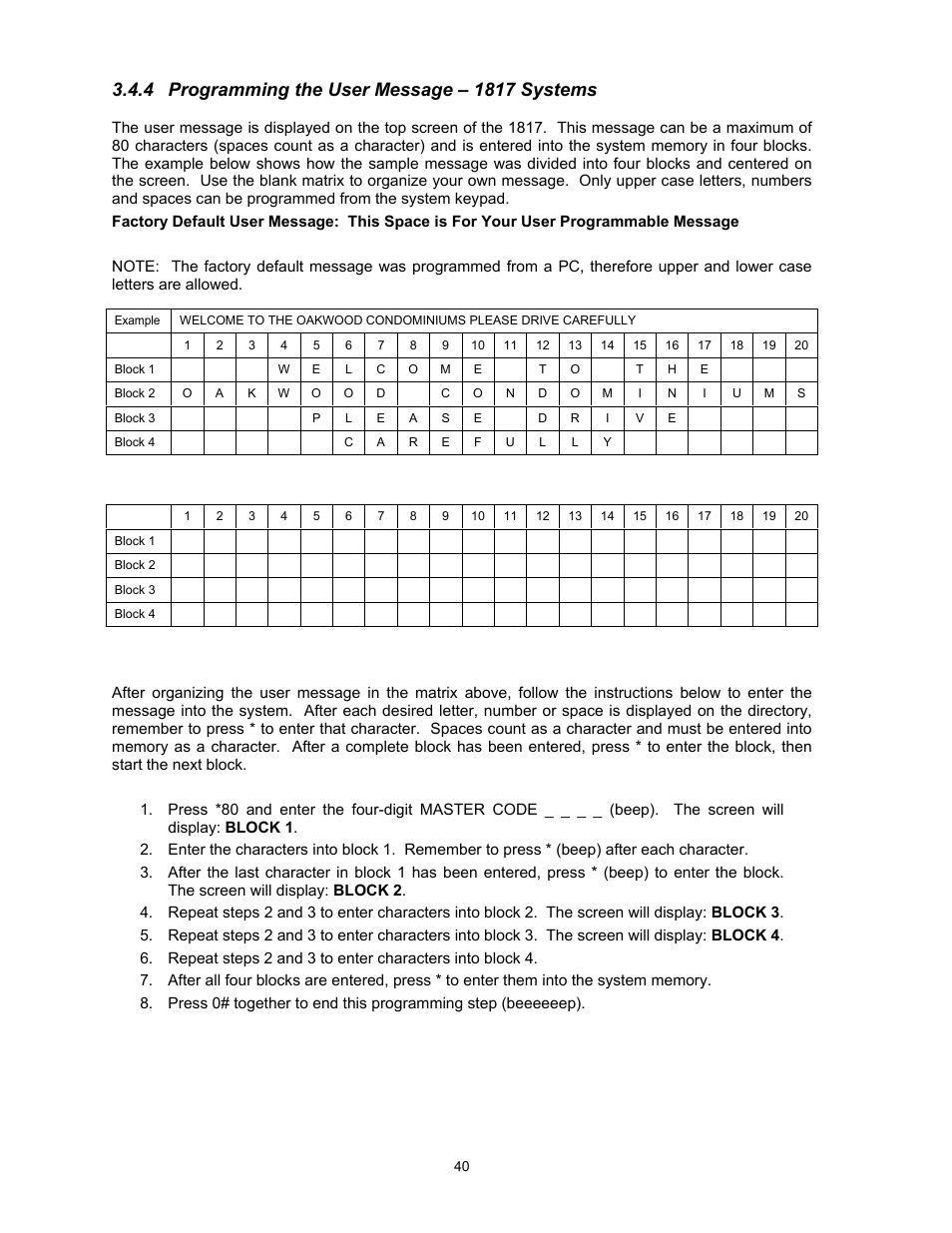 4programming the user message – 1817 systems | DoorKing 1817 User Manual | Page 40 / 67