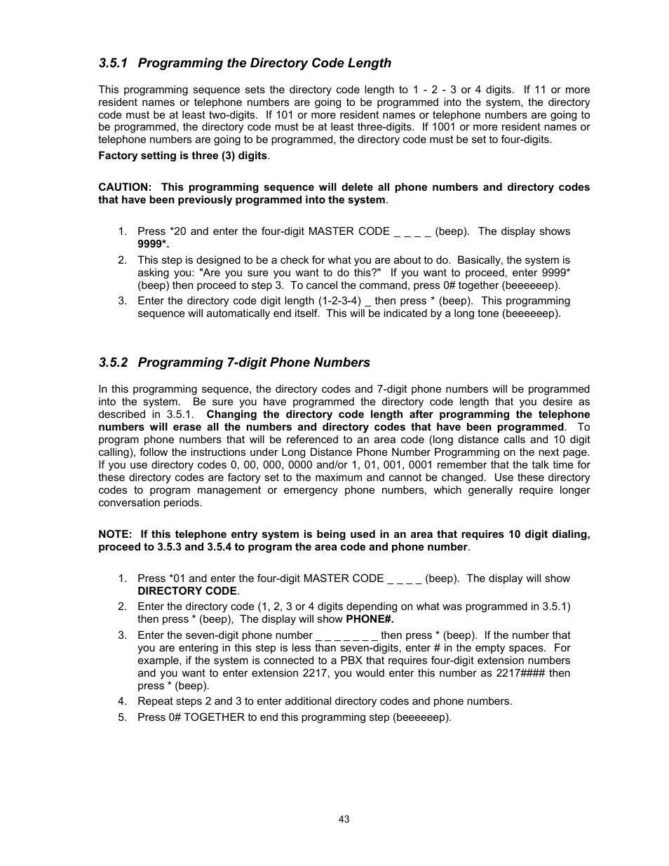 1programming the directory code length, 2programming 7-digit phone numbers | DoorKing 1817 User Manual | Page 43 / 67