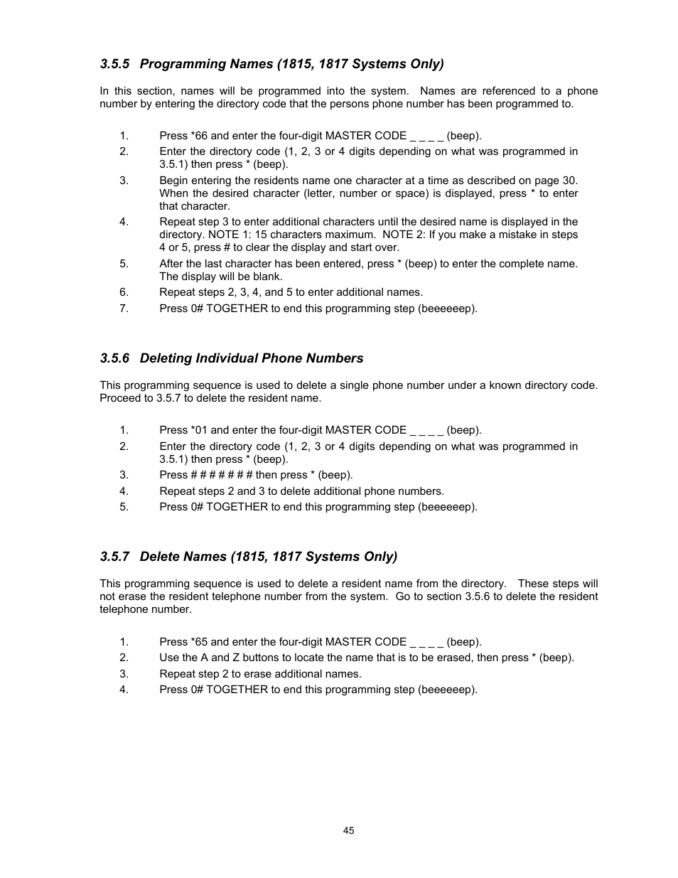 5programming names (1815, 1817 systems only), 6deleting individual phone numbers, 7delete names (1815, 1817 systems only) | DoorKing 1817 User Manual | Page 45 / 67