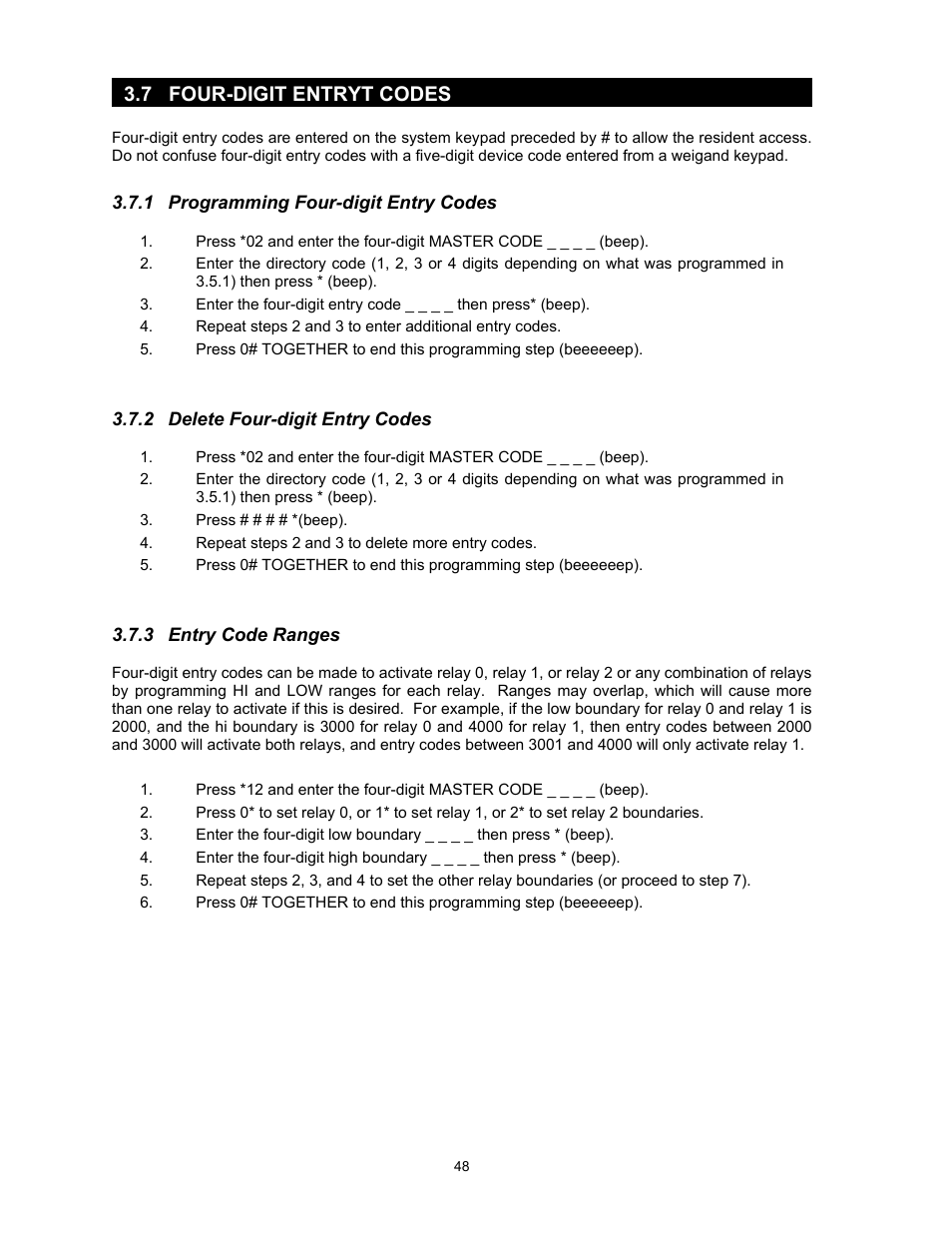 1programming four-digit entry codes, 2delete four-digit entry codes, 3entry code ranges | 7 four-digit entryt codes | DoorKing 1817 User Manual | Page 48 / 67