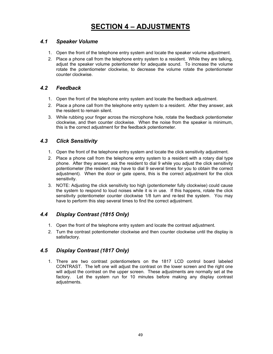 Section 4 – adjustments, 1speaker volume, 2feedback | 3click sensitivity, 4display contrast (1815 only), 5display contrast (1817 only) | DoorKing 1817 User Manual | Page 49 / 67