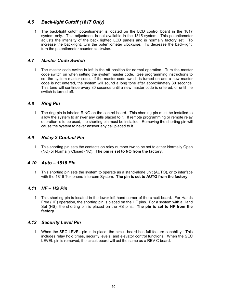 6back-light cutoff (1817 only), 7master code switch, 8ring pin | 9relay 2 contact pin, 10auto – 1816 pin, 11hf – hs pin, 12security level pin | DoorKing 1817 User Manual | Page 50 / 67