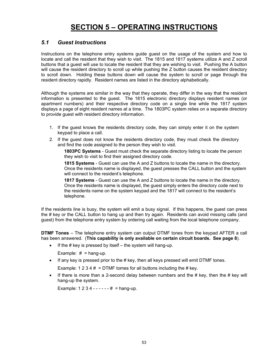 Section 5 – operating instructions, 1guest instructions | DoorKing 1817 User Manual | Page 53 / 67