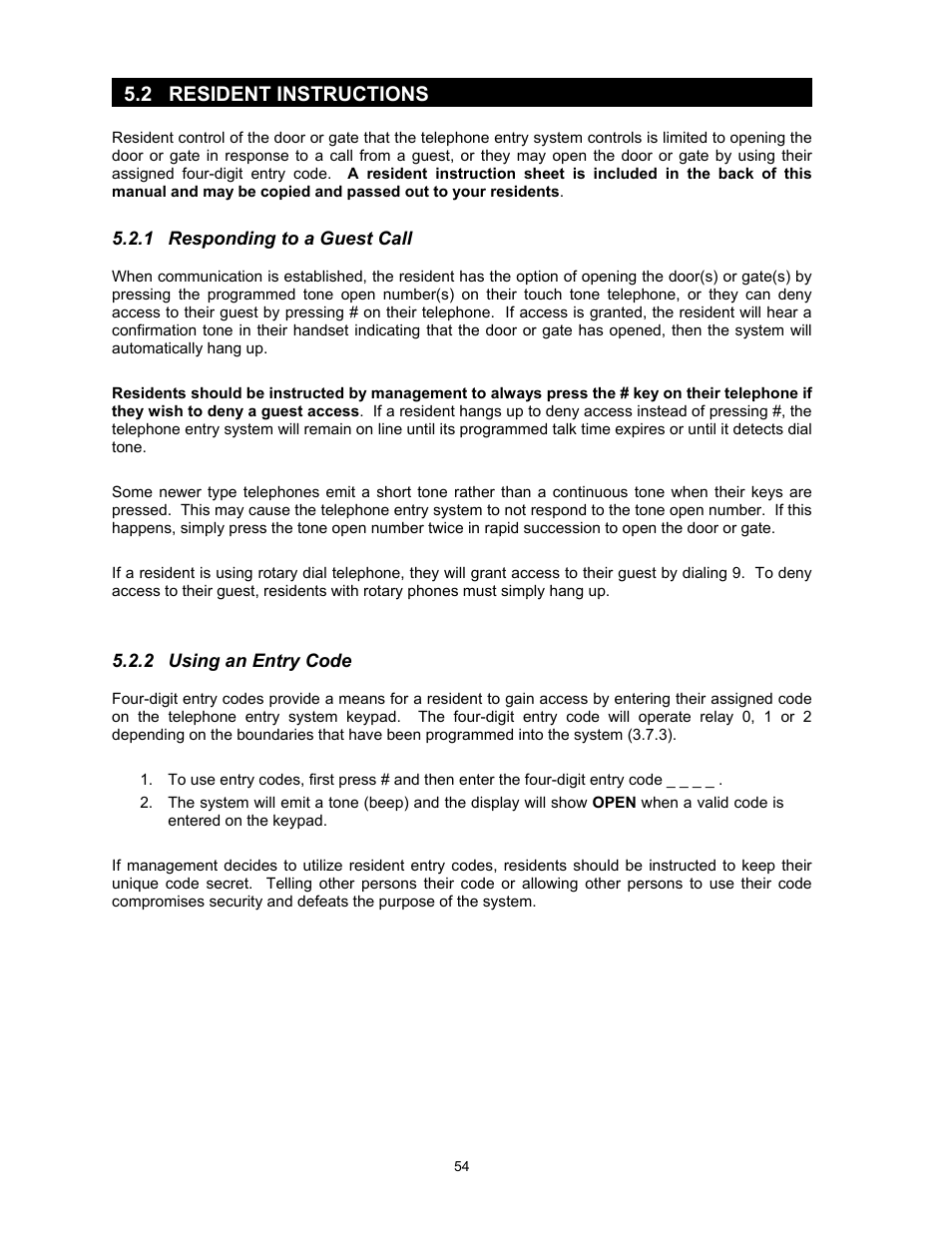 1responding to a guest call, 2using an entry code, 2 resident instructions | DoorKing 1817 User Manual | Page 54 / 67