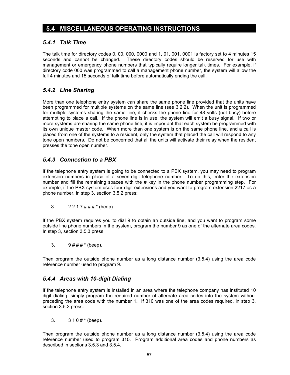 1talk time, 2line sharing, 3connection to a pbx | 4areas with 10-digit dialing, 4 miscellaneous operating instructions | DoorKing 1817 User Manual | Page 57 / 67