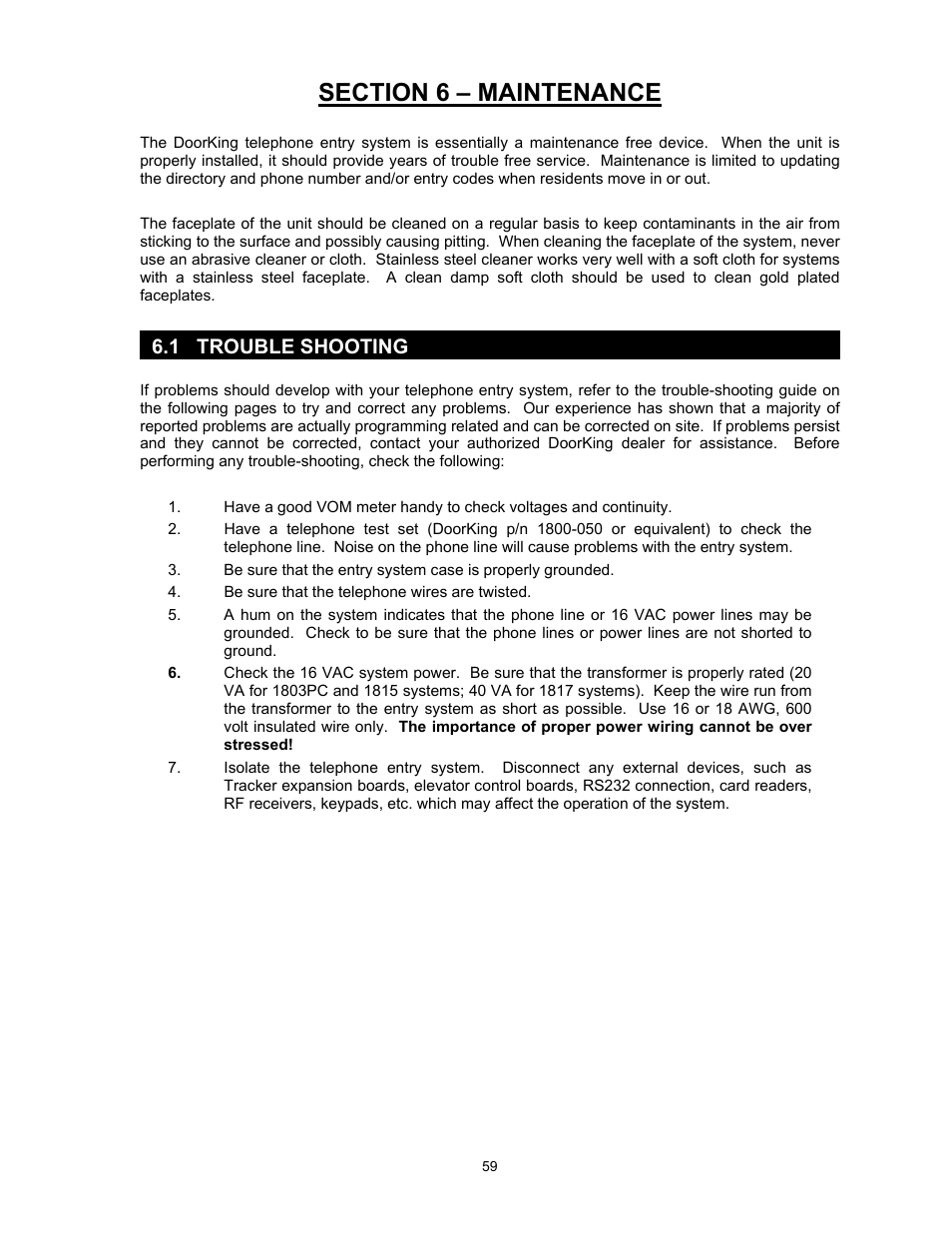 Section 6 – maintenance, 1 trouble shooting | DoorKing 1817 User Manual | Page 59 / 67