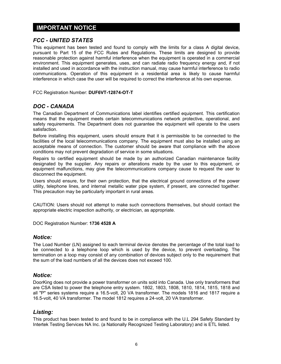 Important notice | DoorKing 1817 User Manual | Page 6 / 67