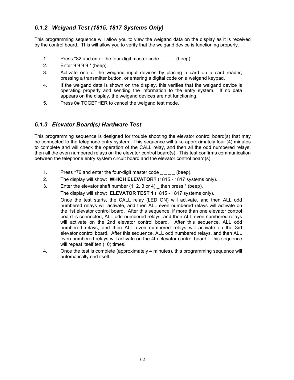 2weigand test (1815, 1817 systems only), 3elevator board(s) hardware test | DoorKing 1817 User Manual | Page 62 / 67