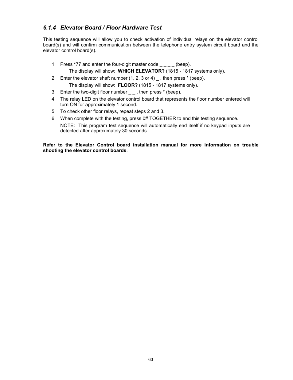 4elevator board / floor hardware test | DoorKing 1817 User Manual | Page 63 / 67