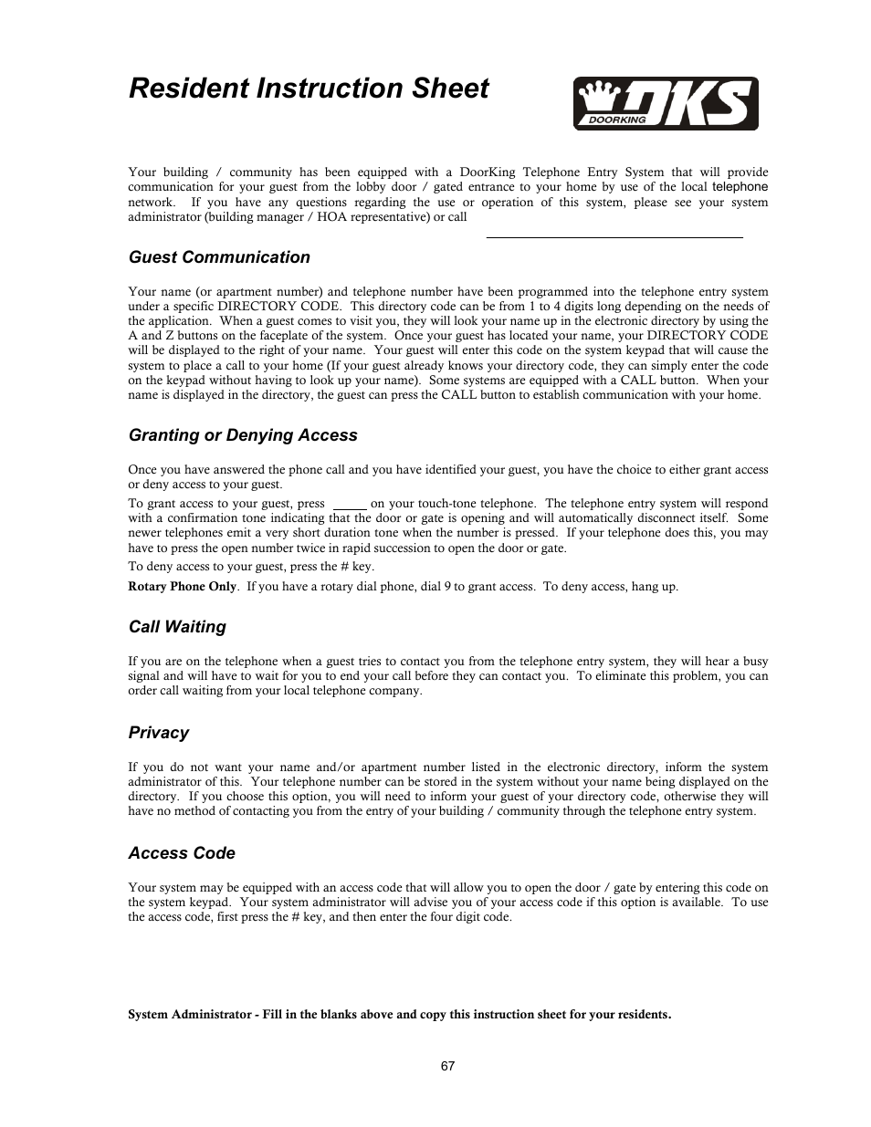 Guest communication, Granting or denying access, Call waiting | Privacy, Access code, Resident instruction sheet | DoorKing 1817 User Manual | Page 67 / 67