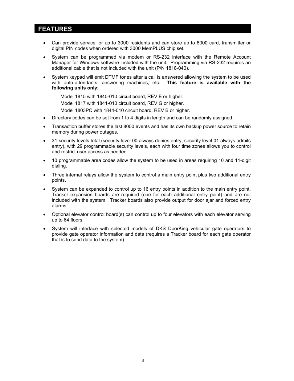 Features | DoorKing 1817 User Manual | Page 8 / 67