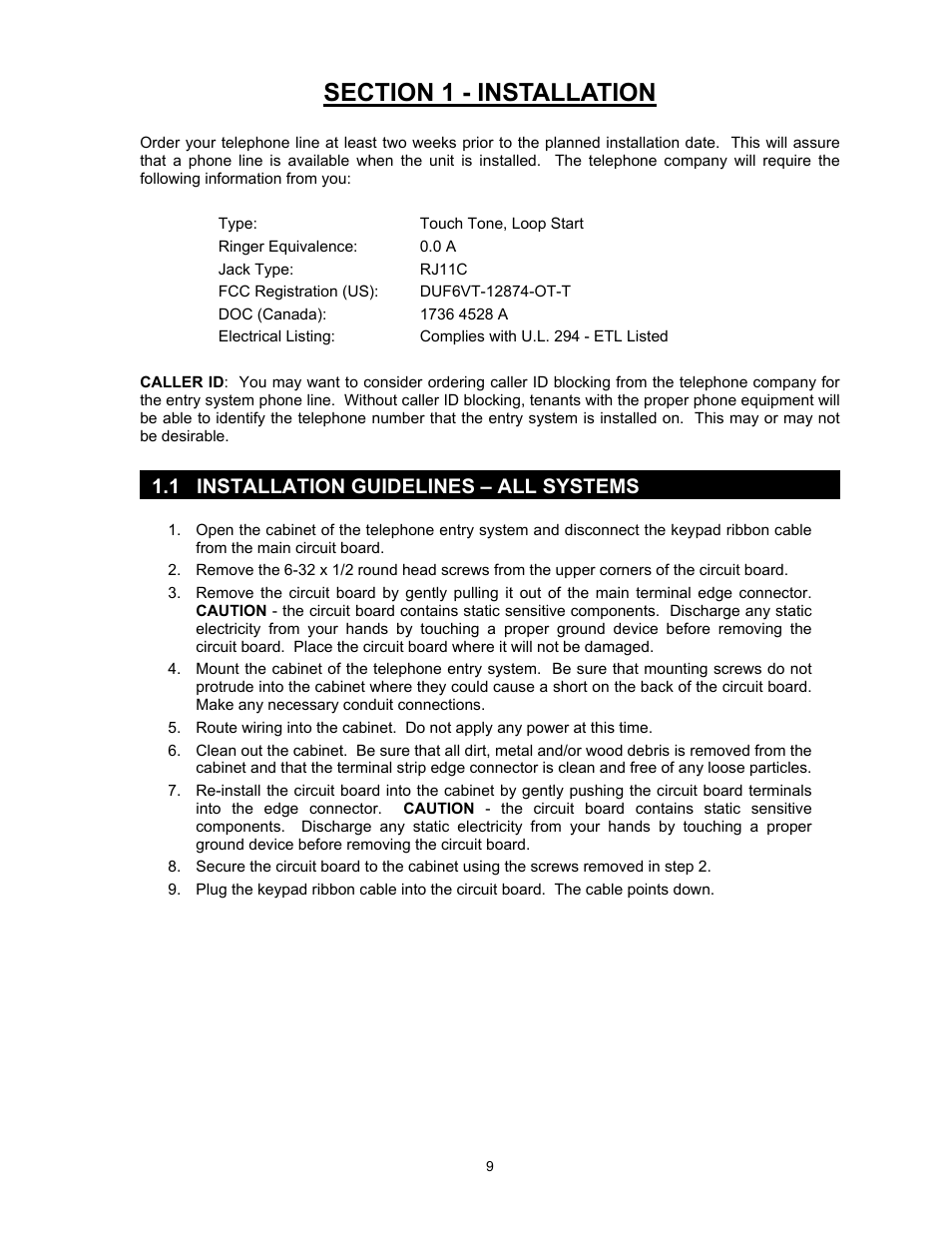 Section 1 - installation, 1 installation guidelines – all systems | DoorKing 1817 User Manual | Page 9 / 67