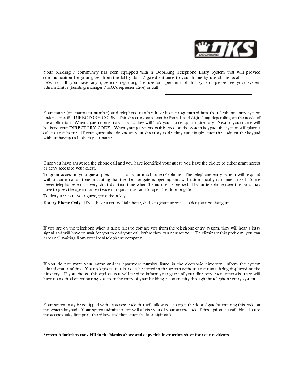 Guest communication, Granting or denying access, Call waiting | Privacy, Access code, Resident instruction sheet | DoorKing 1802 User Manual | Page 55 / 55