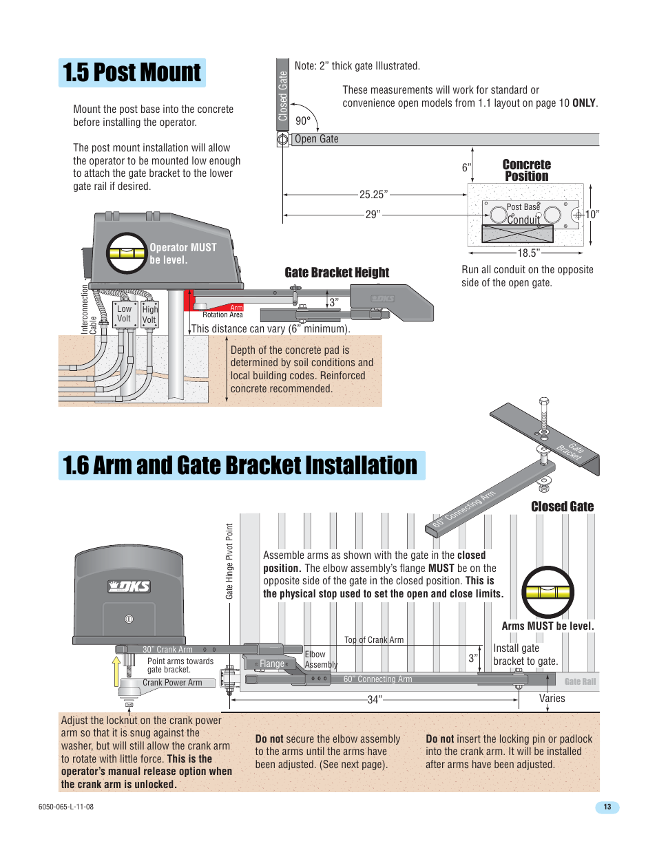 5 post mount 1.6 arm and gate bracket installation, Closed gate, Concrete position | Gate bracket height | DoorKing 6100 User Manual | Page 15 / 42