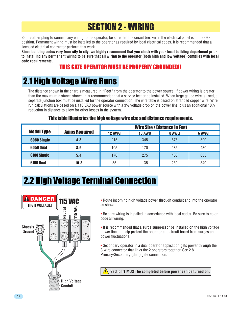 115 vac, This gate operator must be properly grounded, Danger | DoorKing 6100 User Manual | Page 18 / 42