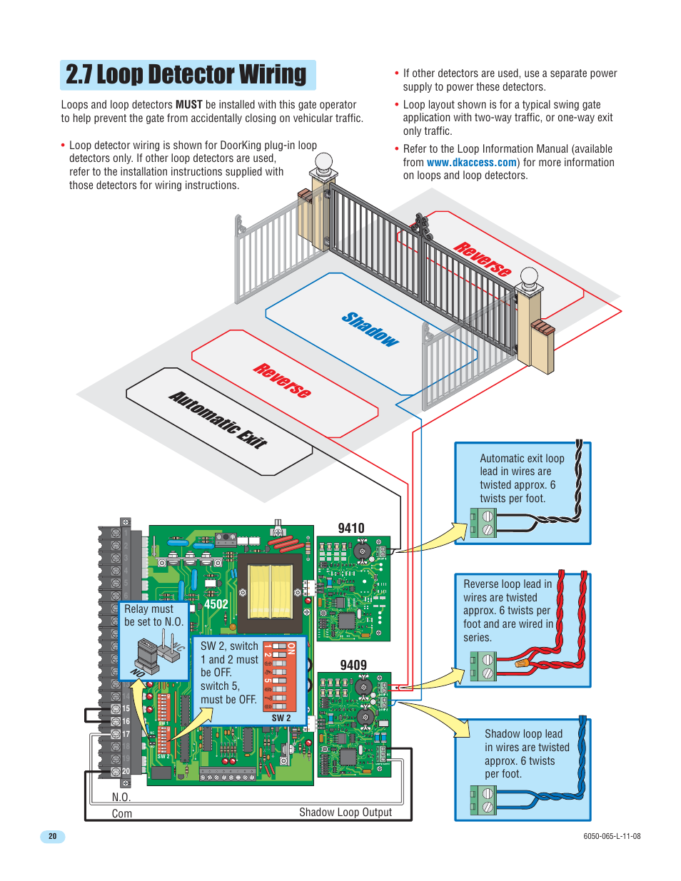 7 loop detector wiring, Reverse rev erse shadow automat ic exit | DoorKing 6100 User Manual | Page 22 / 42