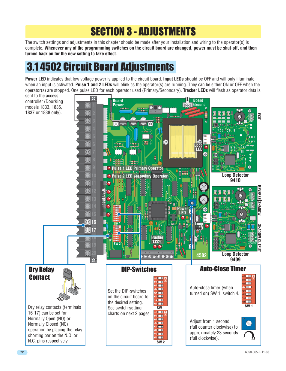 Auto-close timer dry relay contact, Dip-switches | DoorKing 6100 User Manual | Page 24 / 42