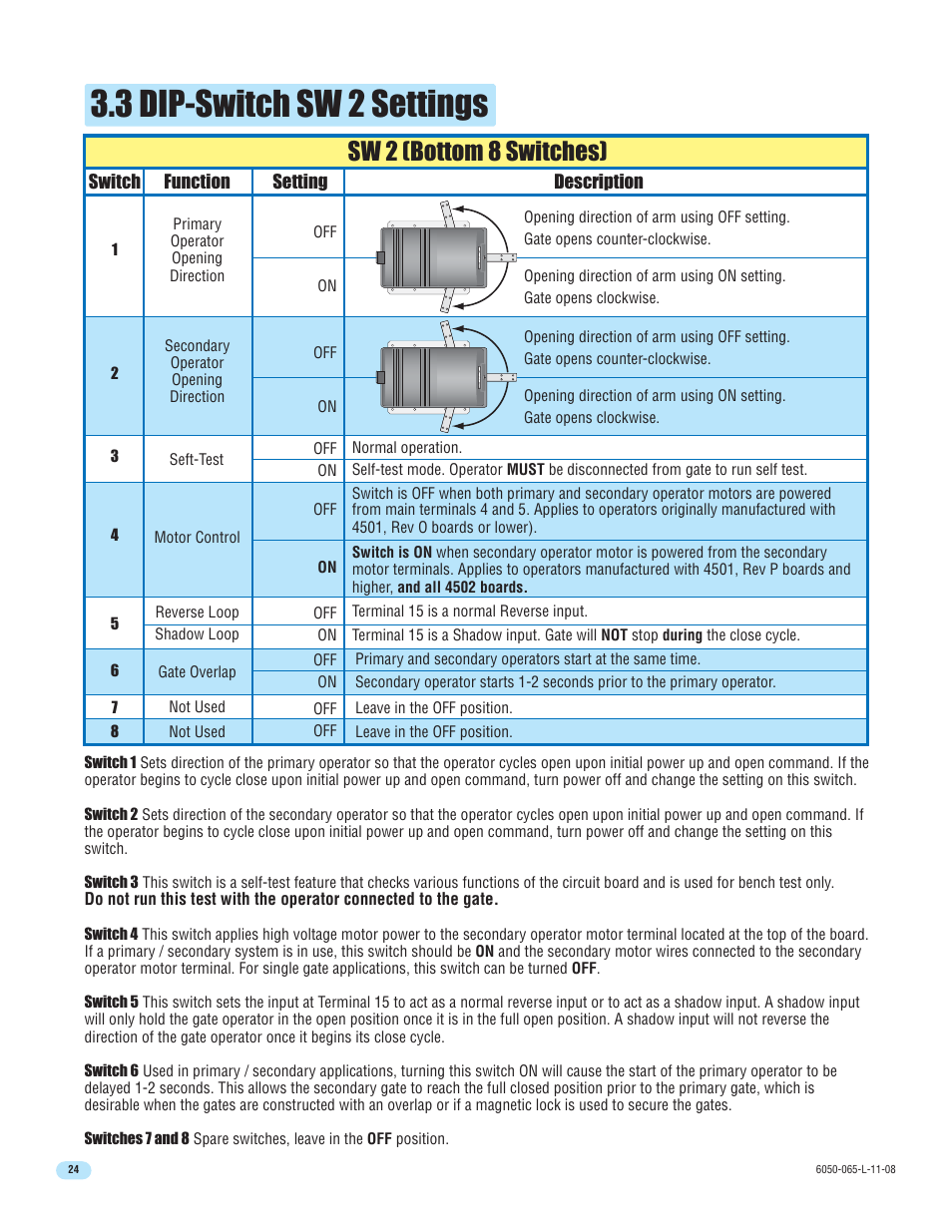 3 dip-switch sw 2 settings, Sw 2 (bottom 8 switches) | DoorKing 6100 User Manual | Page 26 / 42