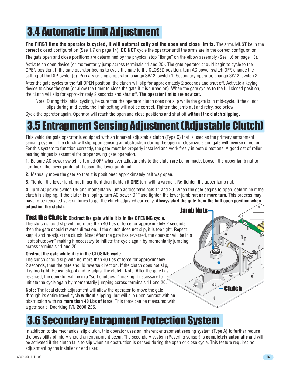 6 secondary entrapment protection system, Test the clutch, Jamb nuts clutch | DoorKing 6100 User Manual | Page 27 / 42