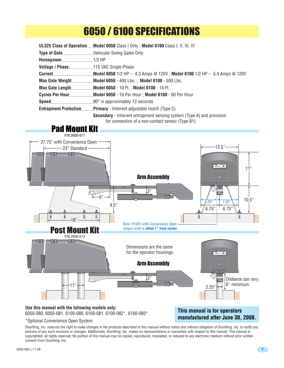 Post mount kit, Pad mount kit | DoorKing 6100 User Manual | Page 3 / 42