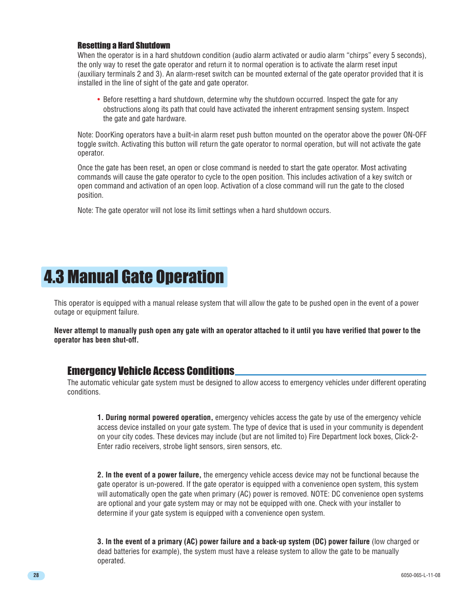 3 manual gate operation, Emergency vehicle access conditions | DoorKing 6100 User Manual | Page 30 / 42