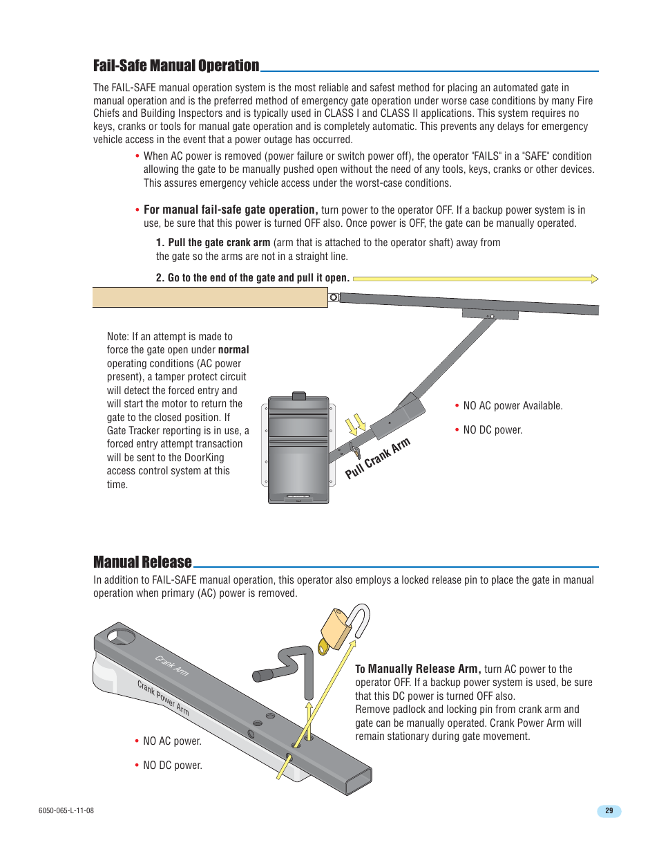 Fail-safe manual operation manual release | DoorKing 6100 User Manual | Page 31 / 42