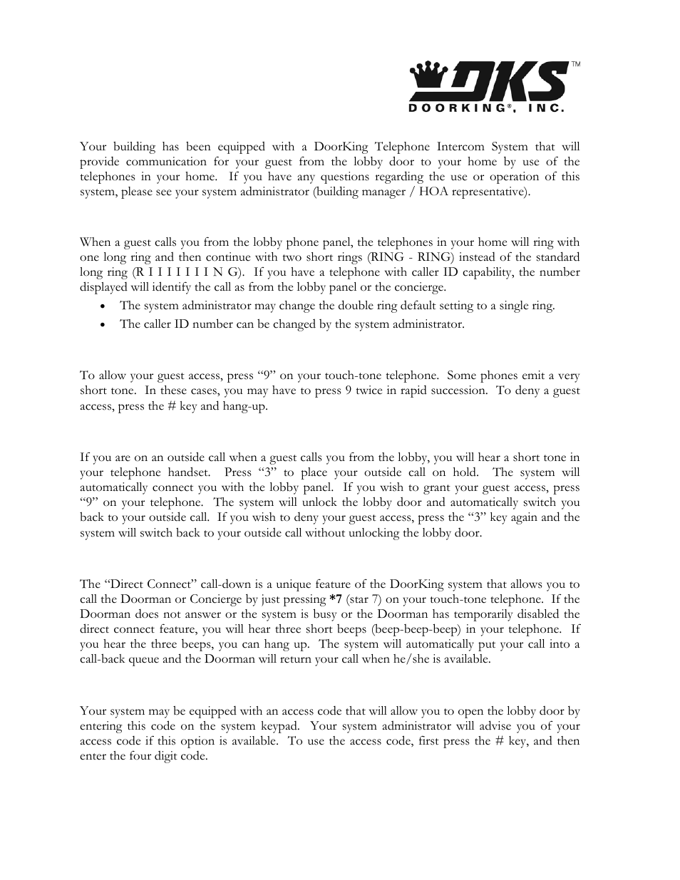 Guest calls, Granting or denying access, Call waiting | Call down to the doorman / concierge, Access code, Resident instructions | DoorKing 1820 User Manual | Page 60 / 63