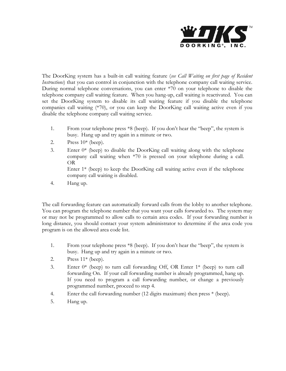 Call waiting on / off, Call forwarding, Resident advanced programming instructions | DoorKing 1820 User Manual | Page 61 / 63