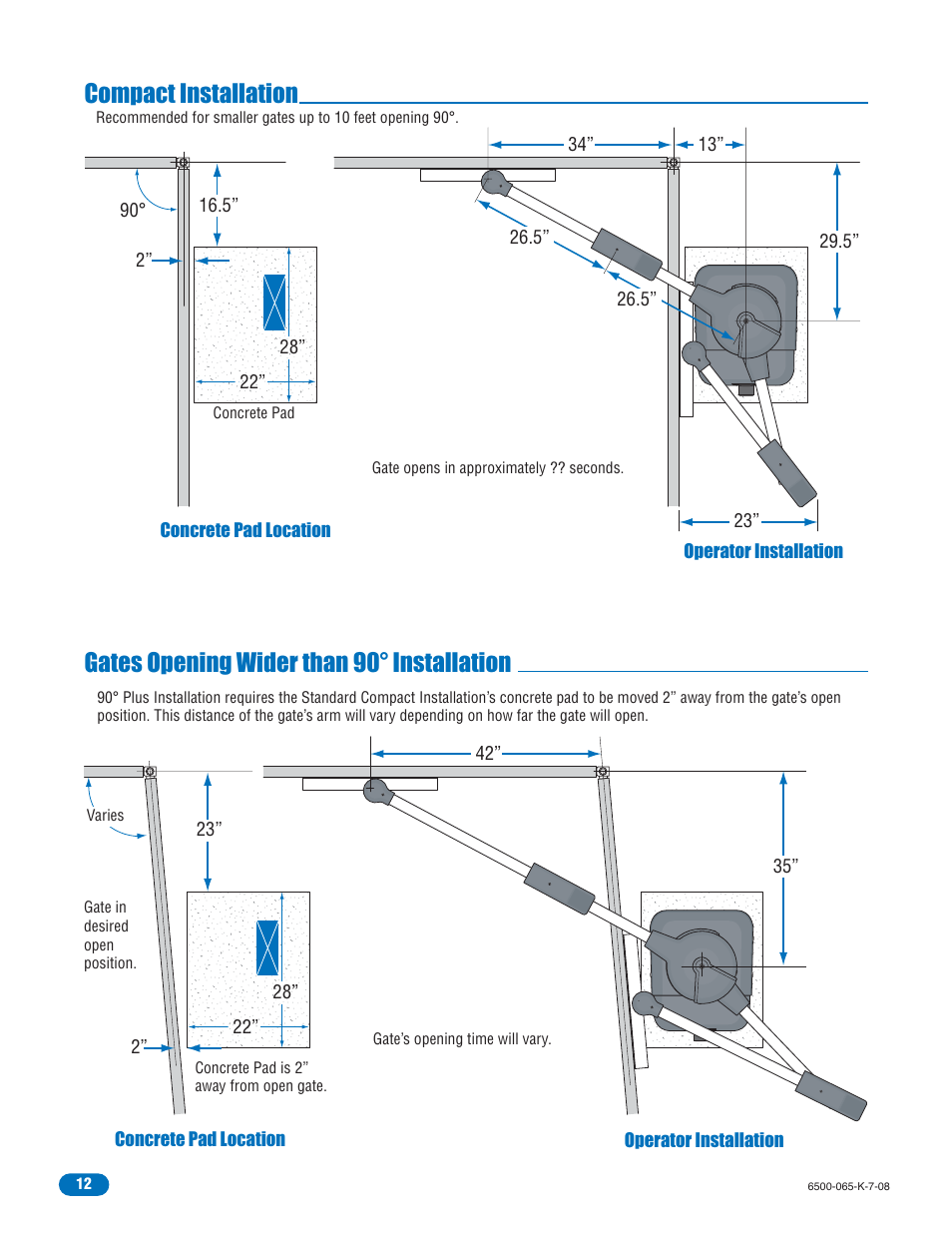 Compact installation, Gates opening wider than 90° installation | DoorKing 6500 User Manual | Page 14 / 48