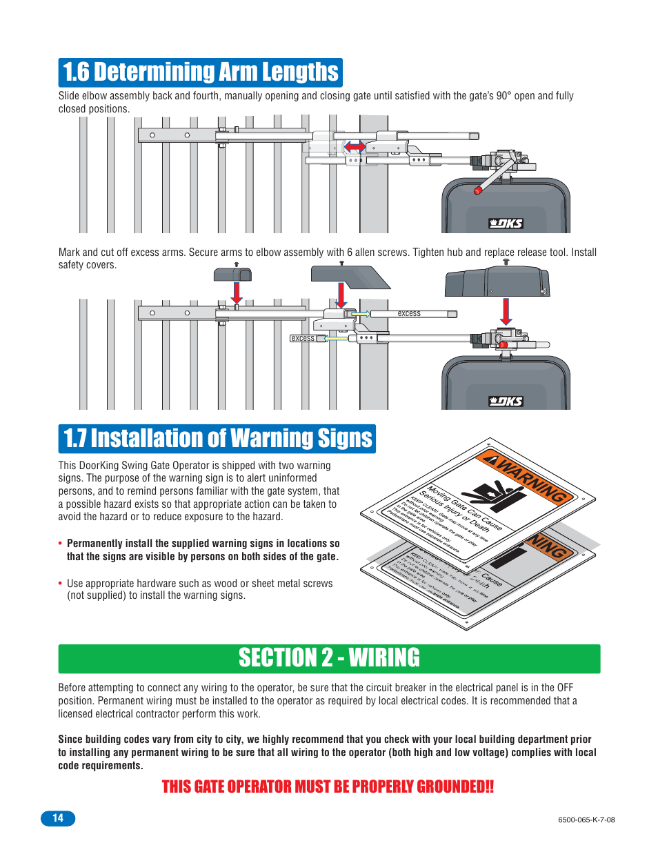 6 determining arm lengths, 7 installation of warning signs, This gate operator must be properly grounded | DoorKing 6500 User Manual | Page 16 / 48