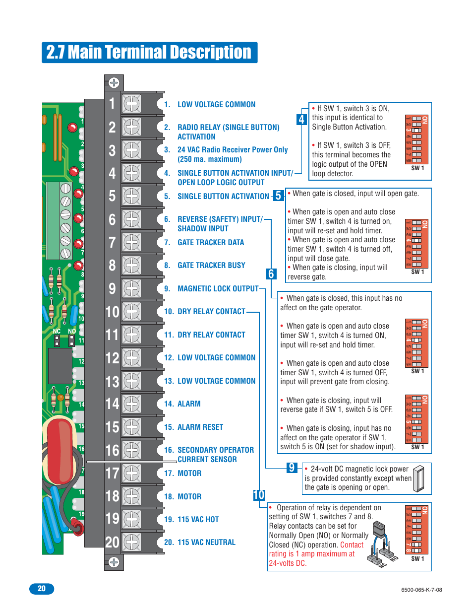 7 main terminal description | DoorKing 6500 User Manual | Page 22 / 48