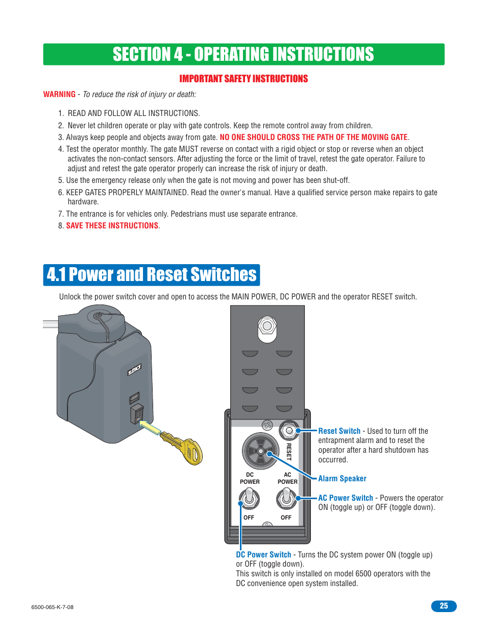 1 power and reset switches | DoorKing 6500 User Manual | Page 27 / 48