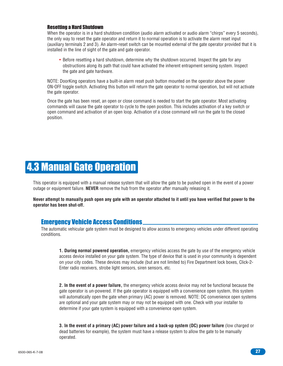 3 manual gate operation, Emergency vehicle access conditions | DoorKing 6500 User Manual | Page 29 / 48