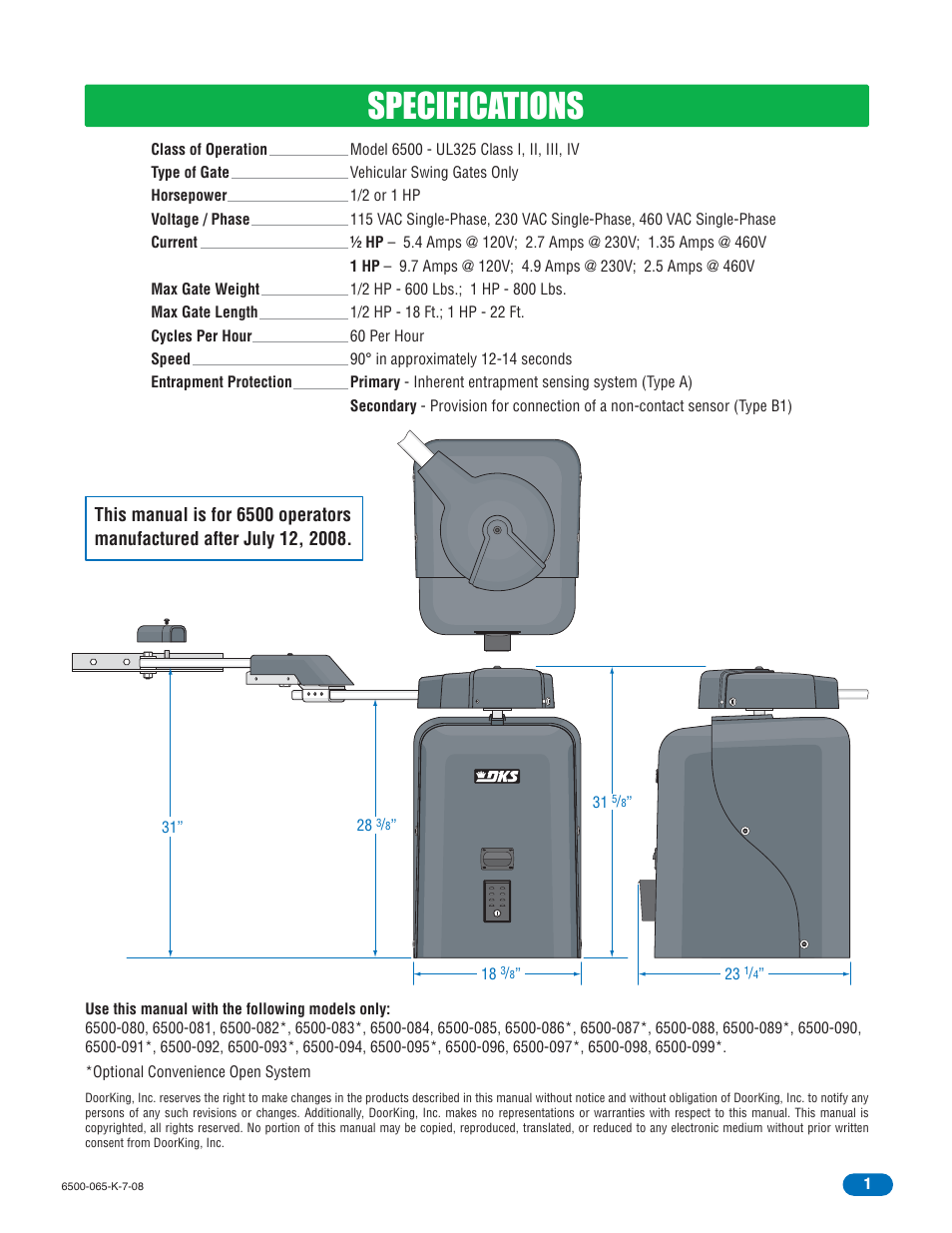 Specifications | DoorKing 6500 User Manual | Page 3 / 48