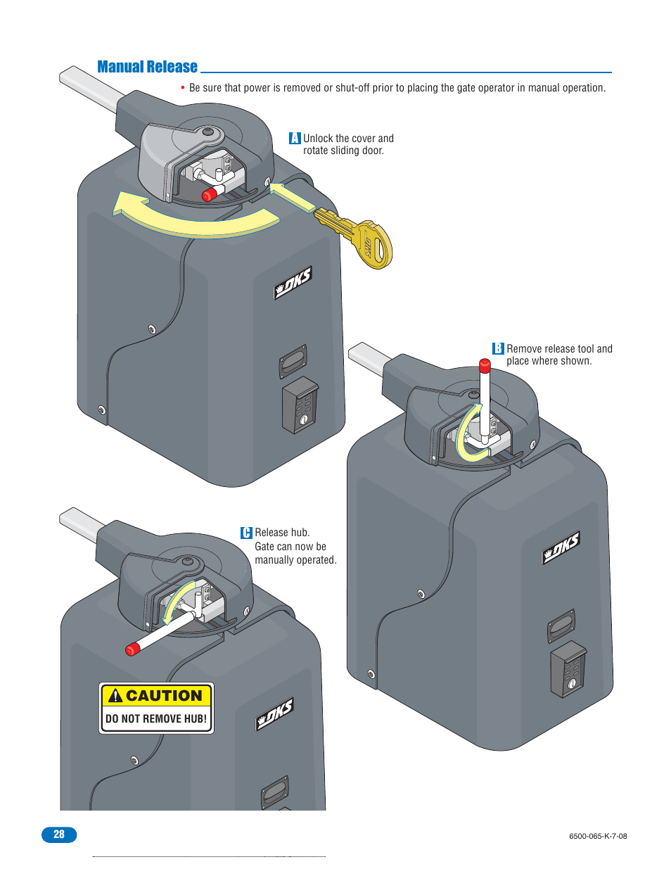 Manual release, Caution | DoorKing 6500 User Manual | Page 30 / 48