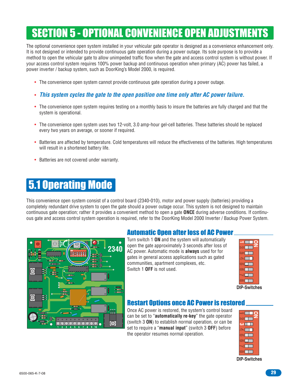 1 operating mode, Automatic open after loss of ac power, Restart options once ac power is restored | DoorKing 6500 User Manual | Page 31 / 48